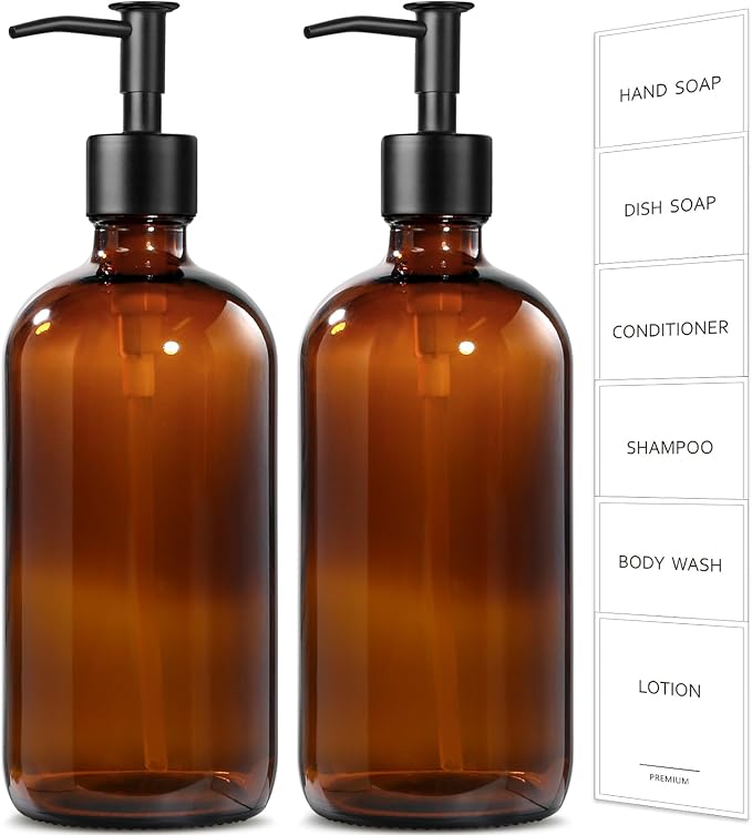 GMISUN Amber Glass Soap Dispenser, 2 Pack Bathroom Hand Soap Dispensers with Stainless Steel Pump, 17 Fl Oz Kitchen Hand and Dish Soap Dispenser Set, Modern Vintage Liquid Brown Soap Dispensers Bottle