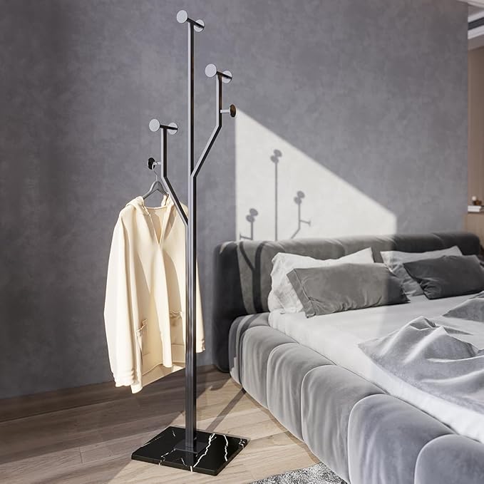 Sturdy Coat rack,Coat tree freestanding heavy duty with Marble Base,Metal standing coat rack for Bedroom,Entrance,Modern clothes hanger stand for Coats,Hats,Bags (black)