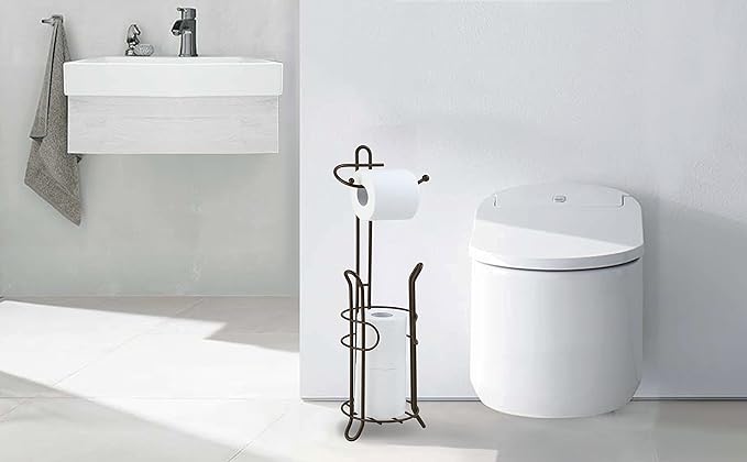 SunnyPoint Freestanding Toilet Paper Holder with Storage – Holds 3 Spare Rolls, Heavy-Duty Steel, Oil Bronze Finish, Easy Assembly, Space-Saving Bathroom Organizer