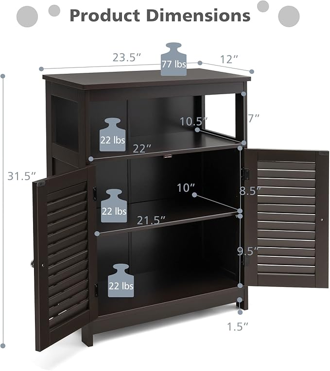Tangkula Bathroom Floor Cabinet, Wooden Freestanding Storage Cabinet with Double Shutter Door & Adjustable Shelf, Storage Cabinet for Bathroom Living Room (Brown)