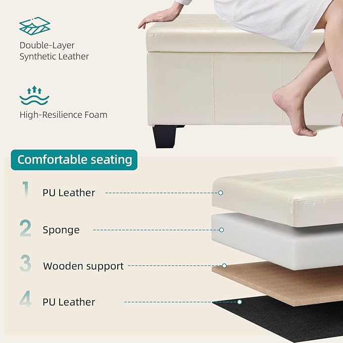 41" Storage Ottoman Bench, Faux Leather Storage Foot Rest with Safety Hinge, Load up to 660 lb Upholstered Tufted Entryway Bench with Seating for Living Room, Bedroom, Beige