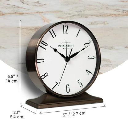 Presentime & Co Lewis Mantel Alarm Clock, Desk and Shelf Clock, Tabletop Decoration, 5.5 x 5 inch, Silent no Ticking, Metal Base, Bronze Finish, Arabic Numeral