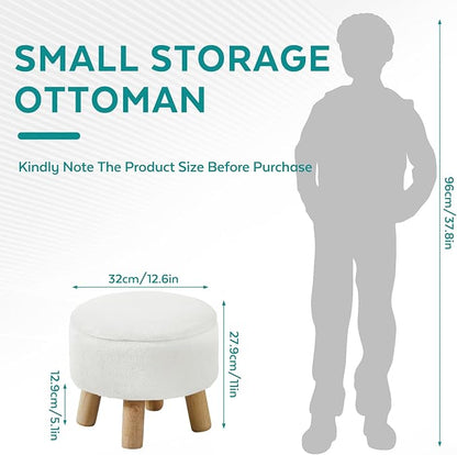 Small Foot Stool Ottoman with Storage, Soft Faux Fur Ottoman Foot Rest for Couch, Round Footstool with Storage, Small Ottomans and Footstools for Living Room and Entryway (White)