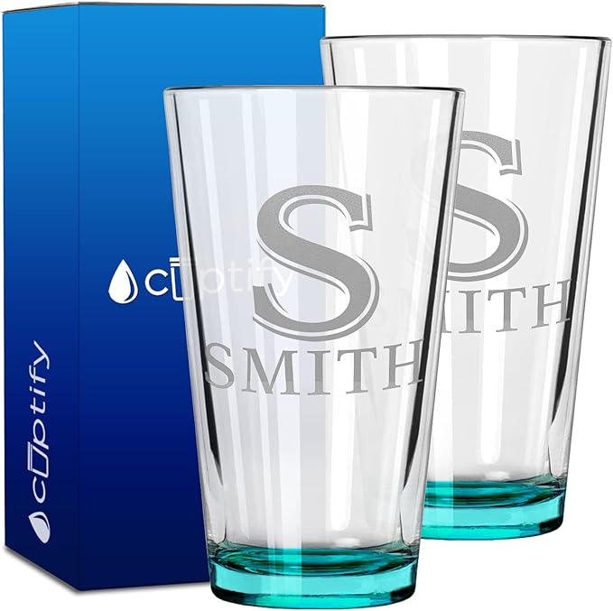 Personalized Beer Glasses Set of 2 Engraved Teal 16oz Pint Glasses for Men & Women, Custom Drinking Gift for Birthdays, Weddings, Father’s Day & More