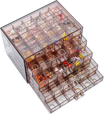 YUFONG Earring Storage Box Organizer, Acrylic Jewelry Storage Box Holder 5 Drawers Transparent Jewelry Display Stand with 120 Small Compartments Gift Boxes for Women Girls (Clear Purple Brown)