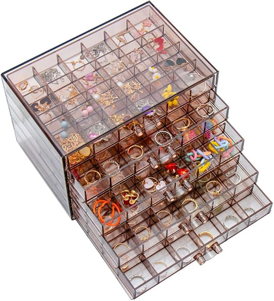 YUFONG Earring Storage Box Organizer, Acrylic Jewelry Storage Box Holder 5 Drawers Transparent Jewelry Display Stand with 120 Small Compartments Gift Boxes for Women Girls (Clear Purple Brown)