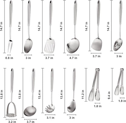 304 Stainless Steel Cooking Utensils Set, Stainless Steel Kitchen Utensils, 12 PCS Long Large Metal Cooking Utensil Tools Set, Potato Masher, Fork, Tongs, Pasta, etc (Dishwasher Safe)