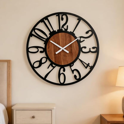 40 Inch Giant Oversized Industrial Wood Wall Clock with Iron Frame & Artful Cutout Numerals, Silent Battery Operated, Grand Statement Piece for Farmhouse Foyers Offices Commercial Home Décor