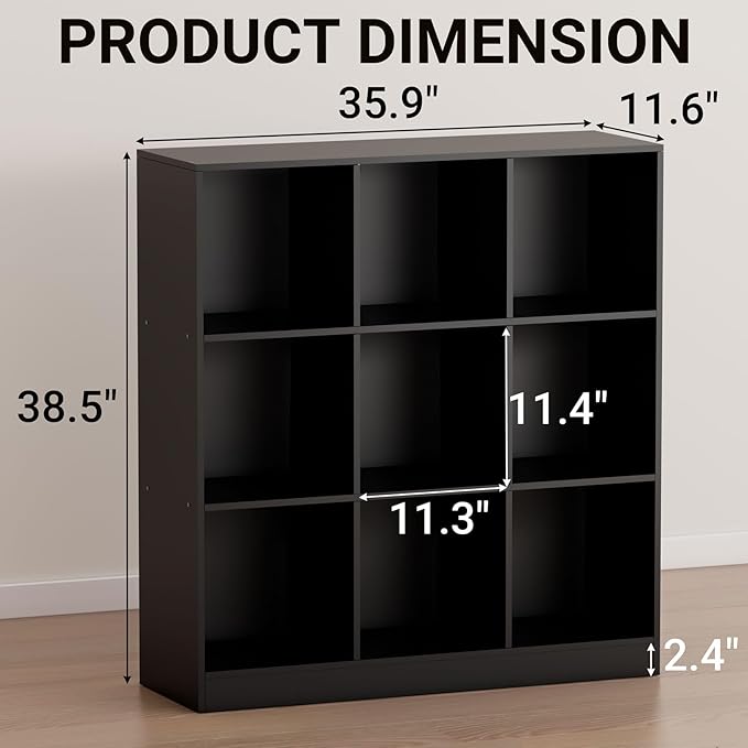 Black Bookshelf, Wooden Bookshelf with Base, Cube Storage Organizer, Bookcase for Living Room,Bedroom,Study and Office(Black, 9-Cube)