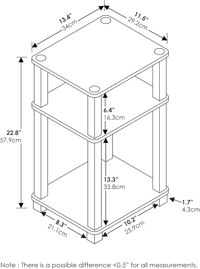 Furinno JUST Side Table, 3-Tier Open Shelf End Table, Toolless Assembly Night Stand, Bedside Table with Square Tube, for Living Room, Bedroom, Amber Pine