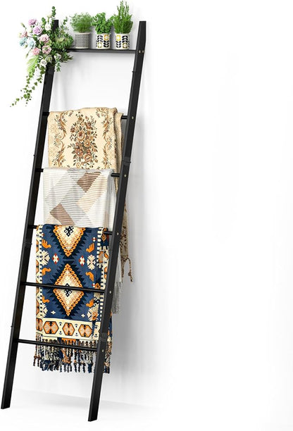 BAMBANG 6-Tier Blanket Ladder for Living Room, Blanket Quilt Ladder Rack Rustic Decorative Towel Holder, Wall Leaning Blanket Ladder Shelf Storage Farmhouse Decor for Bedroom Bathroom, Black