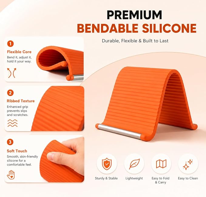Flexible Foldable Phone Holder, Silicone Aluminum Adjustable Desktop Stand, Portable Anti Slip Phone Mount for Office Travel 2026 (Orange)