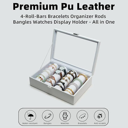 Bracelets Organizer Rods Bangles Display Holder, Clear See through Lid Leather Velvet Jewelry Storage Box Case for Women, 4 Rods White Leather