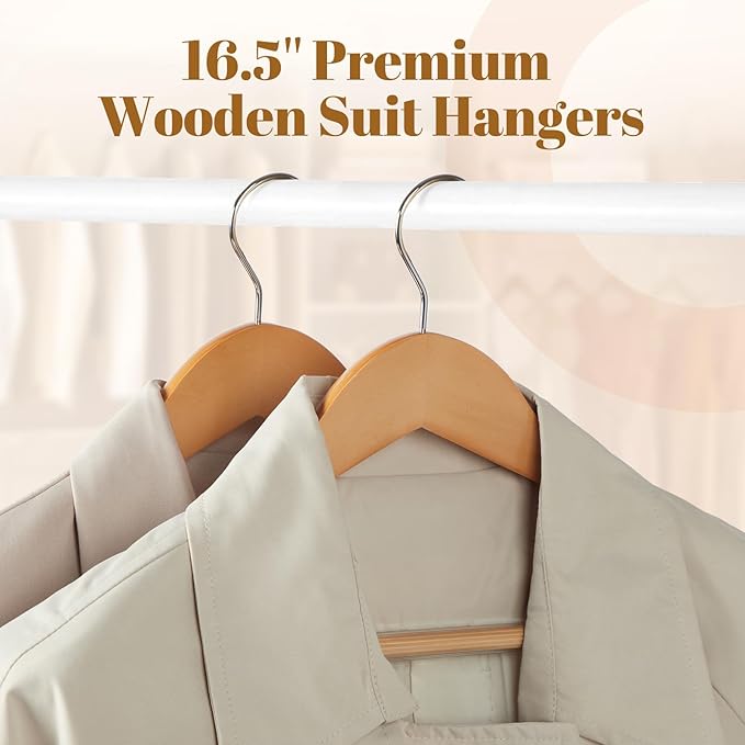 HOUSE DAY Wooden Suit Hangers 6 Pack，Heavy Duty Wide Shoulder Wooden Hangers, Solid Wood Coat Hanger with Non-Slip Pant Bar for Petite Adults, Teens and Small Suits, Coats, Jackets (Natural，16.5'')