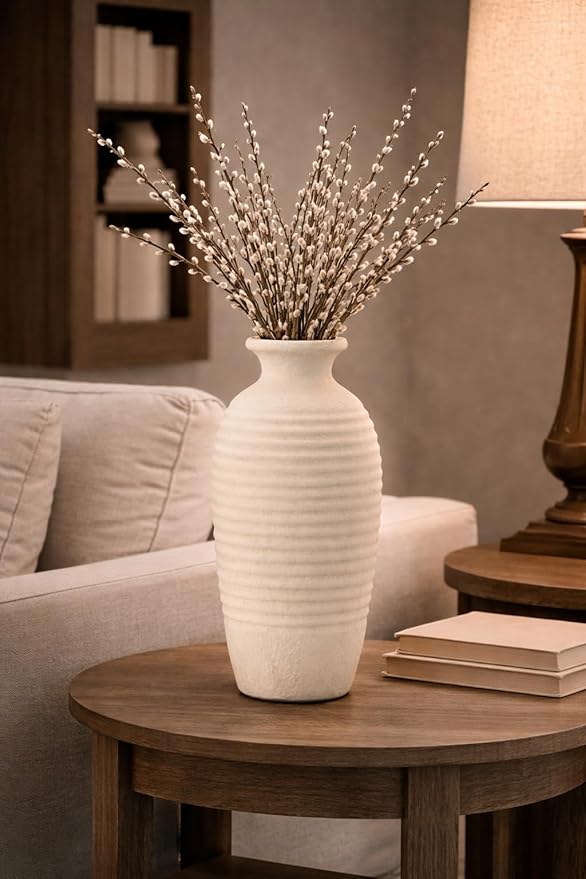 Vaseking Ceramic Natural Rustic Vase, 14.4 Inch Large Vintage Flower Threaded Decorative Farmhouse Tall Vase for Home Decor, Living Room, Shelf Decor, Wedding, Housewarming Gift, Off-White