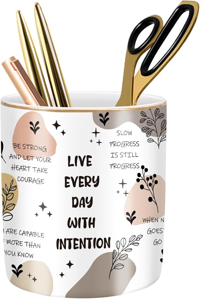 WAVEYU Cute Desk Pencils Pen Holder, Pencil Cup Holder for Desk, Ceramic Desktop Storage Pen Pencil Organizers Stationery Supplies for Office, Home, Words Pattern