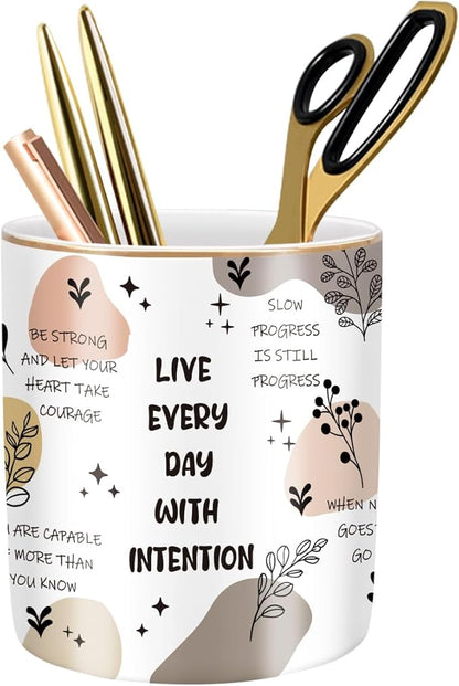 WAVEYU Cute Desk Pencils Pen Holder, Pencil Cup Holder for Desk, Ceramic Desktop Storage Pen Pencil Organizers Stationery Supplies for Office, Home, Words Pattern