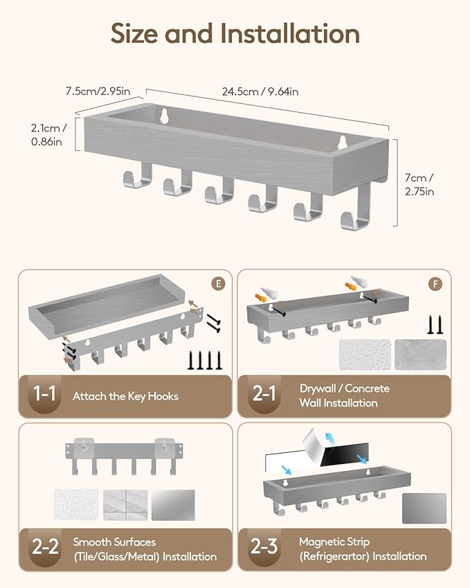 Key Holder Wall Mount Adhesive Magnetic - Hanging Key Hooks with Mail Organizer Tray for Wallet House Accessories - Keys Hanger Rack with Shelf for Camper Entryway Door Home Living Room Decor Grey