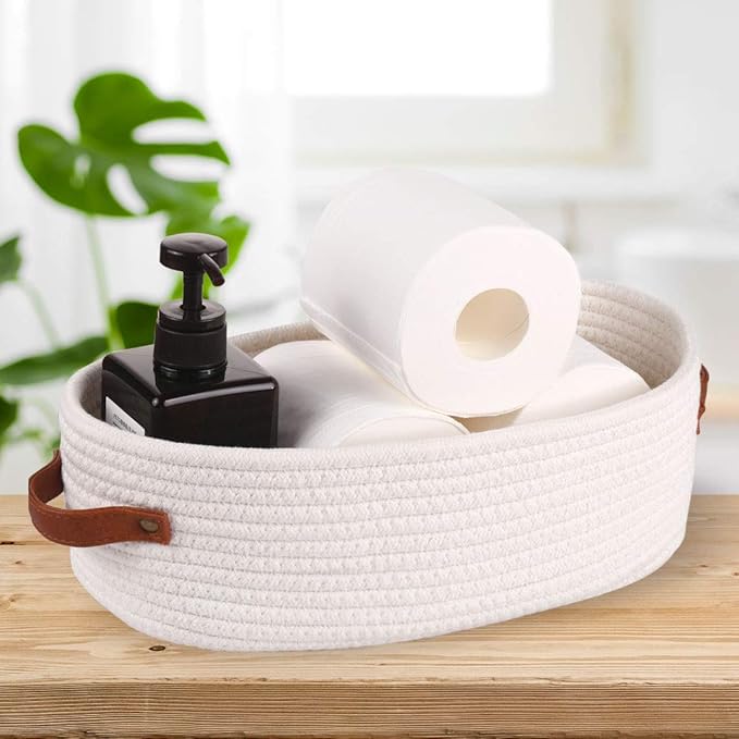 2 Pack Woven Storage Basket for Toilet Tank Top,Farmhouse Home Decor Organizing Baskets for Bathroom,Table and Counter 13"x5.9"x4" White