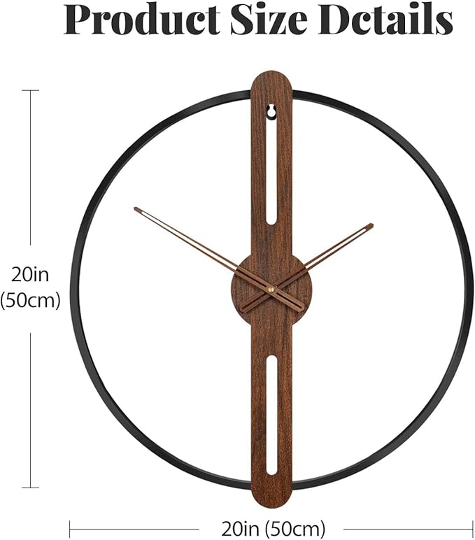 Cuspin 20 Inch Wall Clock Battery Operated for Living Room Decor, Modern Minimalist Wood Wall Clock Silent Non Ticking Metal Frame Decorative Clock for Office, Bedroom, Kitchen