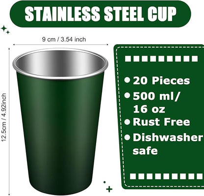 Mimorou 20 Pack 16 oz Stainless Steel Pint Cups Metal Cups Unbreakable Drinking Water Tumblers Stackable Tumbler for Adults Bar Home Restaurant Travel Picnic Camping Outdoor (Dark Green)