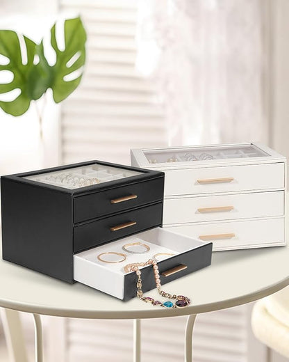 GUOER Jewelry Box for Women, Glass Lid Jewelry Organizer with 3 Drawers PU Jewelry Storage Case for Necklaces Rings Earrings Bracelets, Black