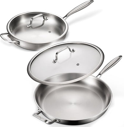 DELARLO 2-Piece Stainless Steel Pan 12-inch & 14-Inch, Frying Pan with Lid, Heavy Duty, Compatible with Induction, Electric up to 650℉, Fast & Even Heating, Durable, Dishwasher, Oven Safe Skillet
