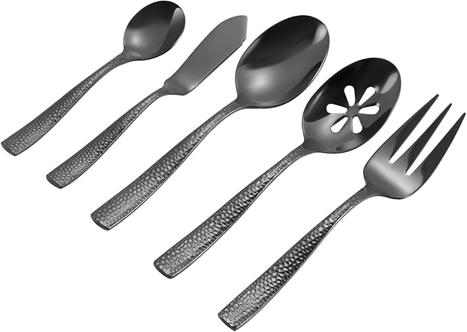 Kelenfer Stainless Steel Silverware Serving Set Hammered Black Mirror Finished 5 Piece Serving Utensil Set Flatware Set
