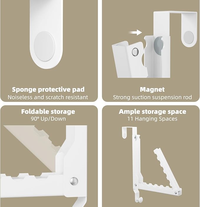 BAKON Over The Door Hangers, Over Door Hooks for Hanging, Small Space Dual Folding Portable Over Door Clothes Hanger for Clothes, Hats, Bags and Towels (2Pack,White(Update))