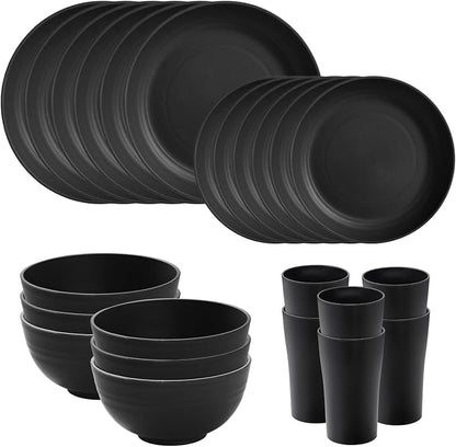 24 Piece Wheat Straw Dinnerware Sets of 6, Kitchen Plates and Bowls Sets, Unbreakable Plastic Dish Set for Camping, Dishwasher Microwave Safe, Kitchen and Dinning Essentials, Black