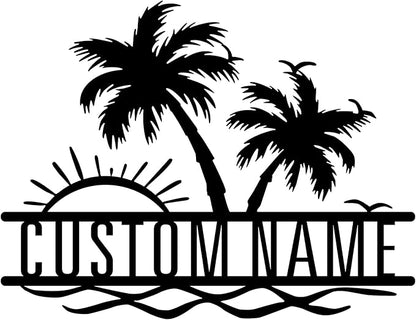 Personalized Backyard Pool Metal Sign Custom Sunshine Palm Tree Beach House Metal Wall Art Personalized Ocean Waves Pool Patio Decoration Birthday Family Pool Home décor Tree House Sign