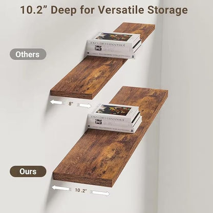 Vivelove 10 Inch Deep Floating Shelves 55 inch Long, 55 x 10 Wide Wall Shelves with Invisible Brackets, for Bedroom Bathroom Living Room Kitchen Office, Farmhouse Home Decor, Set of 2, Rustic Brown