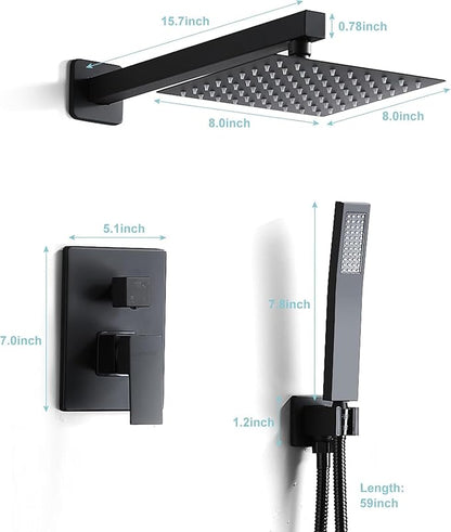 Matte Black Shower Head and Handle Set 8 Inch, Rain Shower Head with 2 Hooks, Luxury Rain Shower Set Square Wall Mount for Bathroom with Rain Shower and Handheld Shower System