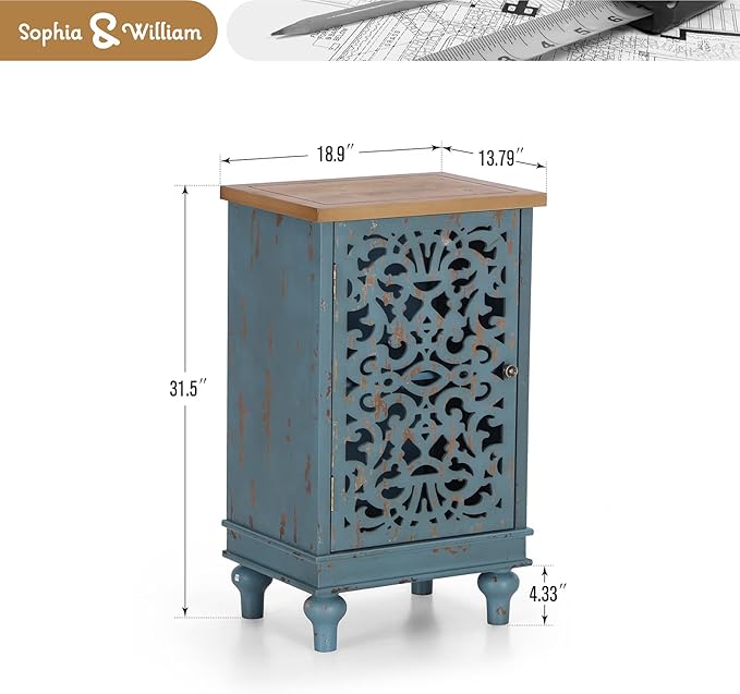 Sophia & William Small Accent Cabinet with Single Door, 31.5" Tall Side End Table, Distressed Nightstand with Hollow Carved Door, Blue