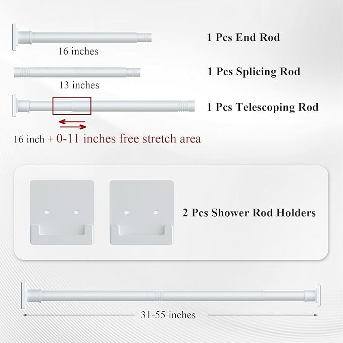 UIOSANRT White Shower Curtain Rod 31-55 inches with Holders, Stainless Steel Shower Rod & Tension Rod, Adjustable Tension Shower Curtain Rod for Bathroom, Windows, Closet
