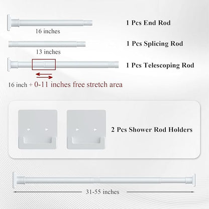 UIOSANRT White Shower Curtain Rod 31-55 inches with Holders, Stainless Steel Shower Rod & Tension Rod, Adjustable Tension Shower Curtain Rod for Bathroom, Windows, Closet