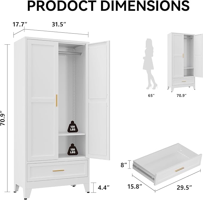 COFaR Wardrobe Closet, 71” Tall Metal Armoire with Hanging Rod, Adjustable Shelf & Drawer, Freestanding Steel Clothing Storage Cabinet with Doors for Bedroom, Office, Apartment (White)