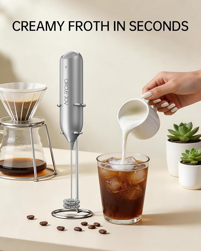 CIRCLE JOY Rechargeable Milk Frother Handheld with Stand, Dual Spring Whisk Electric Foam Maker, Detachable Hand Frother Wand Drink Mixer for Lattes, Cappuccino, Macchiato, Hot Chocolate, Silver