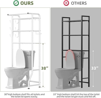 Simple Trending 3 Tier Over The Toilet Storage Rack, Metal Bathroom Shelf, Bathroom Stand Organizer Space Saver with Paper Holder and Hooks, White