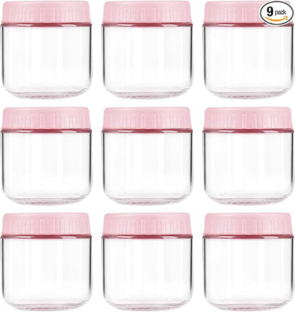 Overnight Oats Containers with Lids, 10oz Wide Mouth Mason Jars with Lids, 9 Pack Glass Jars with Airtight lid for Chia Pudding Yogurt Salad, Meal Prer Oatmeal Jars, Pink