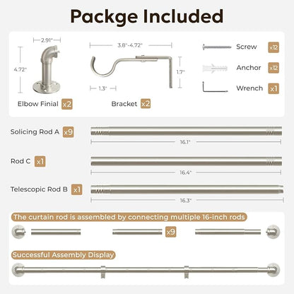 Zeerobee Curtain Rods for Windows 144 to 168, 1 Inch Industrial Wrap Around Brushed Nickel Curtain Rod, Indoor/Outdoor Room Divider Adjustable Drapery Pole, 144"-168"