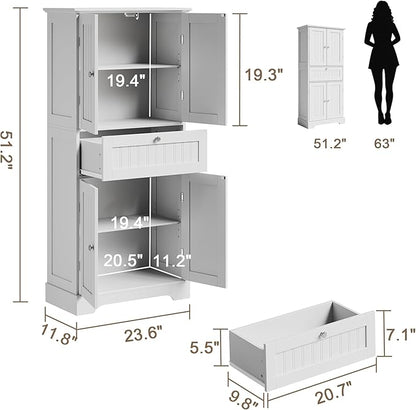ChooChoo 51" H Tall Bathroom Floor Cabinet, Modern Bathroom Storage Cabinet with Drawer and Adjustable Shelves, Freestanding Kitchen Pantry Cupboard with 4 Doors for Living Room, White