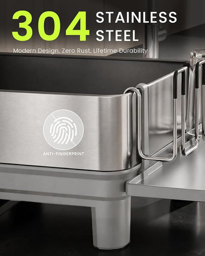 Dish Drying Rack, 304 Stainless Steel Dish Rack and Drainboard Set, Rustproof Dish Drainer with Anti-Pooling Automatic Drainage, Large Capacity Kitchen Counter Organizer, Grey