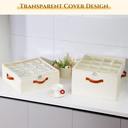 2 Pack Coffee Mug Storage Box with Dividers, Stackable China Storage Containers with Lid, Zipper, and Handles for 32 Coffee Mugs and Cups, Mug Storage Organizer for Packing & Moving, Beige