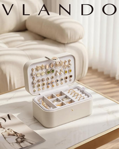 VLANDO Travel Jewelry Case, 2-Layer Jewelry Box, Portabel Travel Organizer for Necklaces, Earring, Bracelets, Ring, Watch - Large Capacity Travel Jewelry Storage - Cloud White