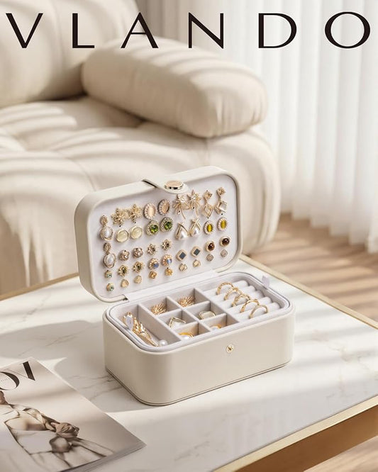 VLANDO Travel Jewelry Case, 2-Layer Jewelry Box, Portabel Travel Organizer for Necklaces, Earring, Bracelets, Ring, Watch - Large Capacity Travel Jewelry Storage - Cloud White