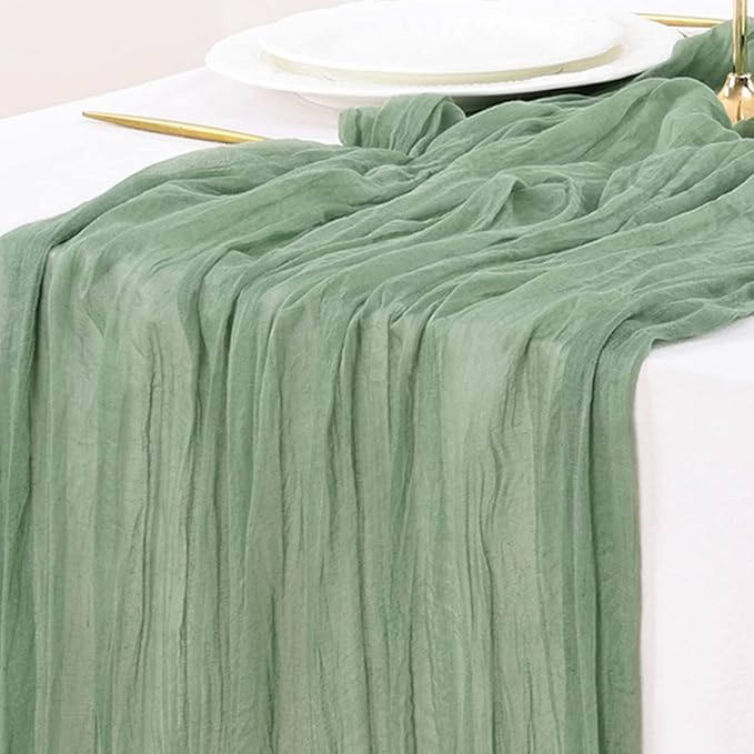 Socomi 10pcs Sage Green Cheesecloth Table Runner Valentine's Day Boho Rustic Gauze 120 inch 10FT Cheese Cloth Runner for Wedding Party Baby Shower Home Decor Holiday Decorations