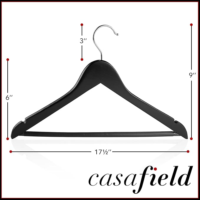 Casafield - 20 Black Wooden Suit Hangers - Premium Lotus Wood with Notches & Chrome Swivel Hook for Dress Clothes, Coats, Jackets, Pants, Shirts, Skirts