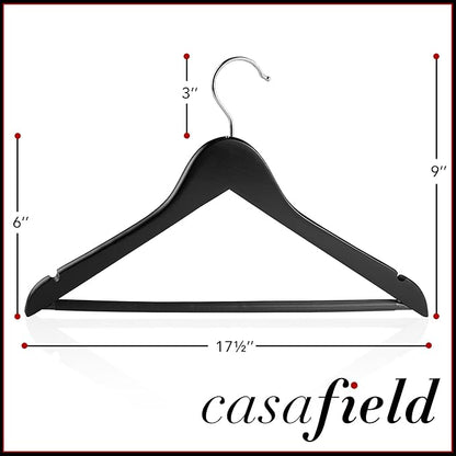 Casafield - 20 Black Wooden Suit Hangers - Premium Lotus Wood with Notches & Chrome Swivel Hook for Dress Clothes, Coats, Jackets, Pants, Shirts, Skirts