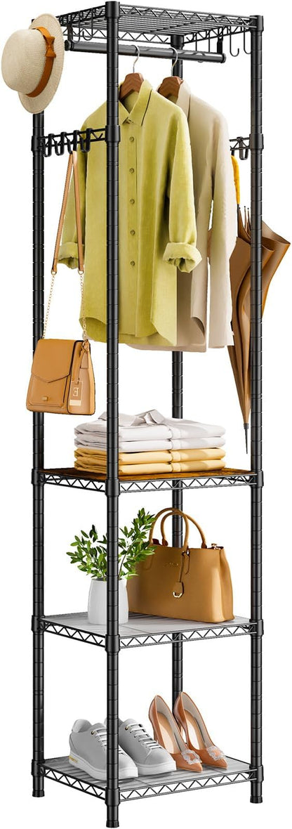 R1 Clothes Rack Heavy Duty, Clothing Racks for Hanging Clothes, Garment Rack with Storage Shelves, Small Coat Rack Freestanding for Entryway, Hallway, Bedroom, Max Load 448 Lbs, Black